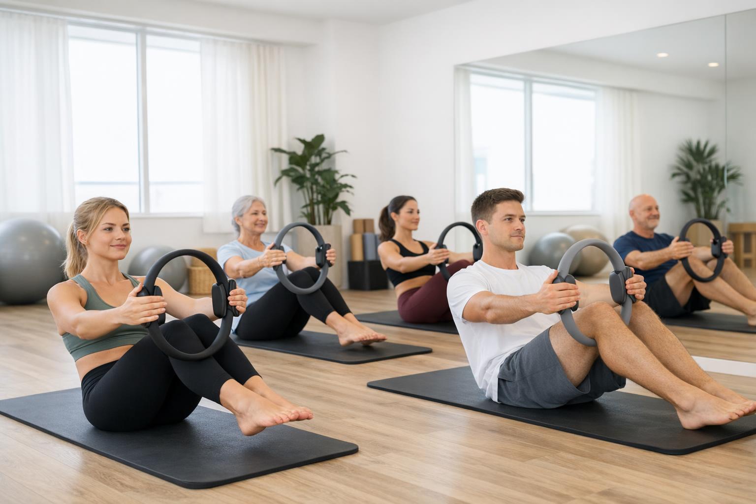 zdjęcie: grupa osób ćwiczących pilates w jasnej sali